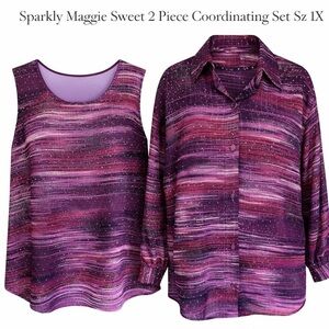 Vintage Maggie Sweet 1X Rhinestone Blouse & Tank 2 Pc Coord Set Magenta Pink USA